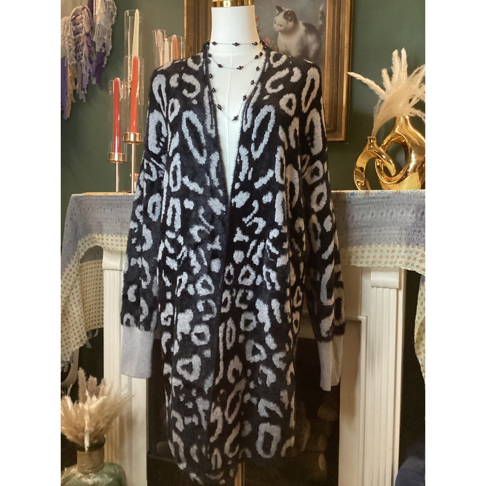 Westbound Womens Leopard Print Eyelash Knit Cardigan Black Grey Duster Medium